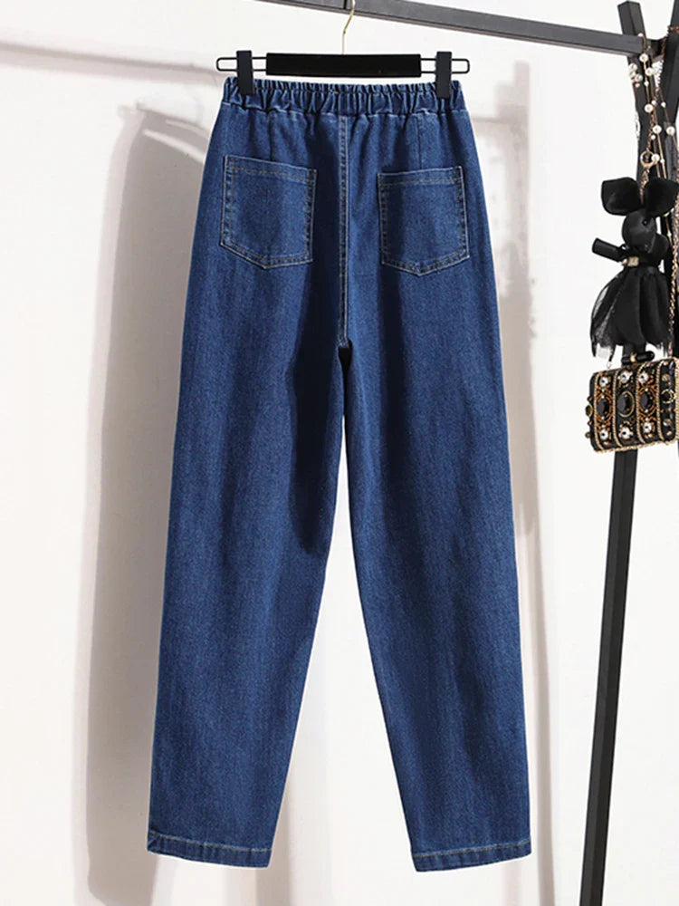 New 2024 Autumn Plus Size Jeans For Women High Elastic Waist Loose Blue Black Color.