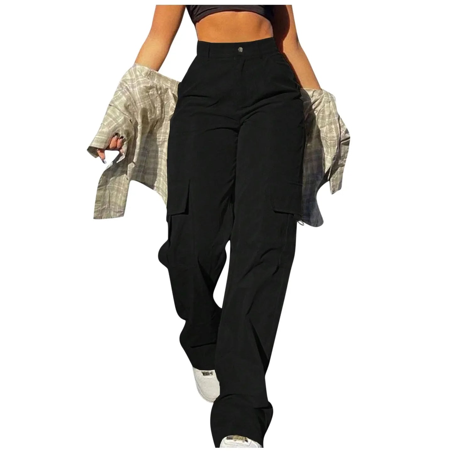 Ladies' Street Fashion Multi Pocket Cargo Pants Summer Solid Color Straight Leg Pants High Waist Slimming Loose Fit Cargo Pants