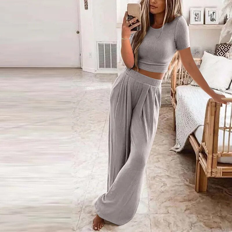 Autumn Women's Solid Knitted Casual Home Wear Slim Tops Two-Piece Wide Leg Pants Set Ladies Clothes Winter Fashion Commuter Suit