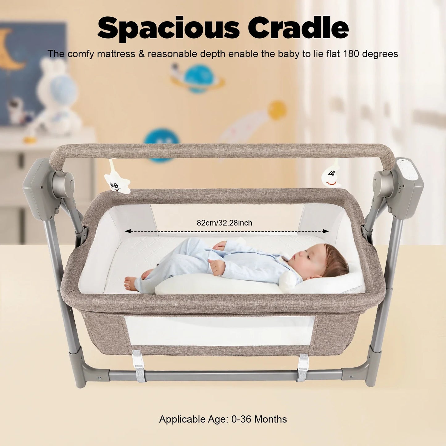 Baby Cradle Swing with Music, 5 Speed Electric Crib Auto Rocking Chair Bed, Foldable Baby Rocker for 0-36 Months, Khaki
