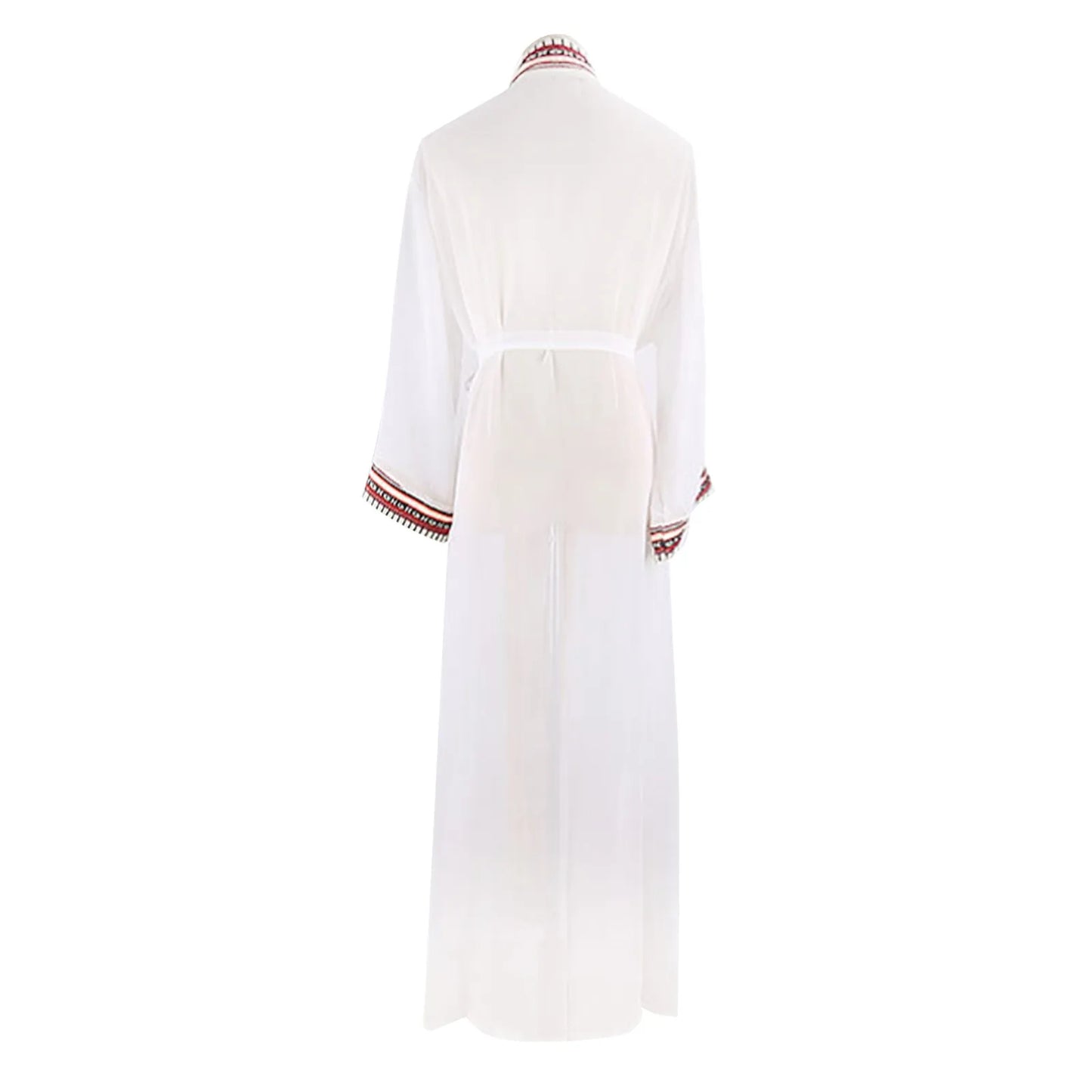 White Chiffon Long Maxi Kimono Cardigan Women Beach Cover Up Embroidery Edge with Belt Tunica Kaftans Femininos Beachwear 2024