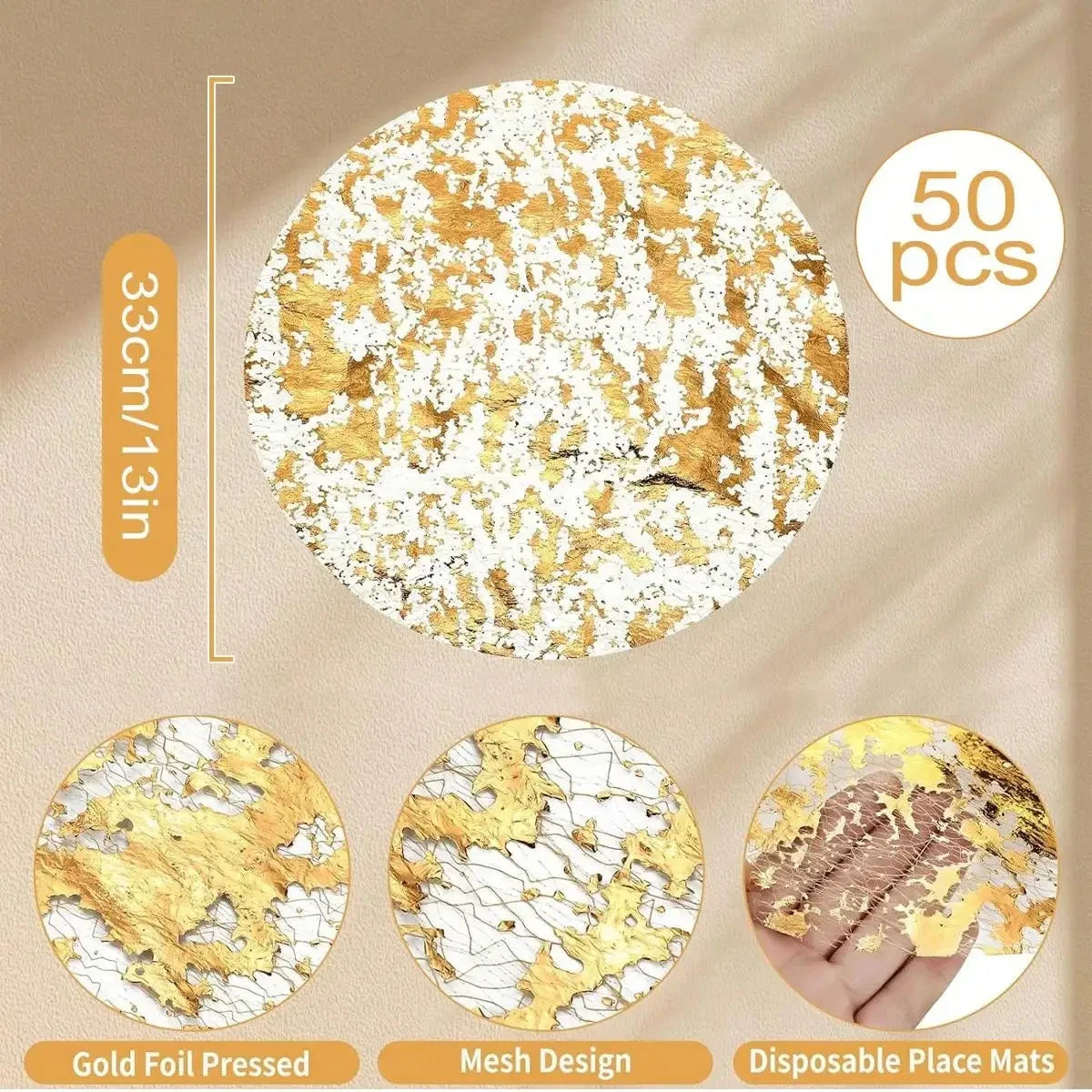 Leeseph Disposable Gold Placemats Set, 13 Inch Round Gold Foil Table Mats for Christmas Party Home Decoration Dining Table