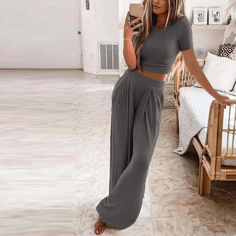 Autumn Women's Solid Knitted Casual Home Wear Slim Tops Two-Piece Wide Leg Pants Set Ladies Clothes Winter Fashion Commuter Suit