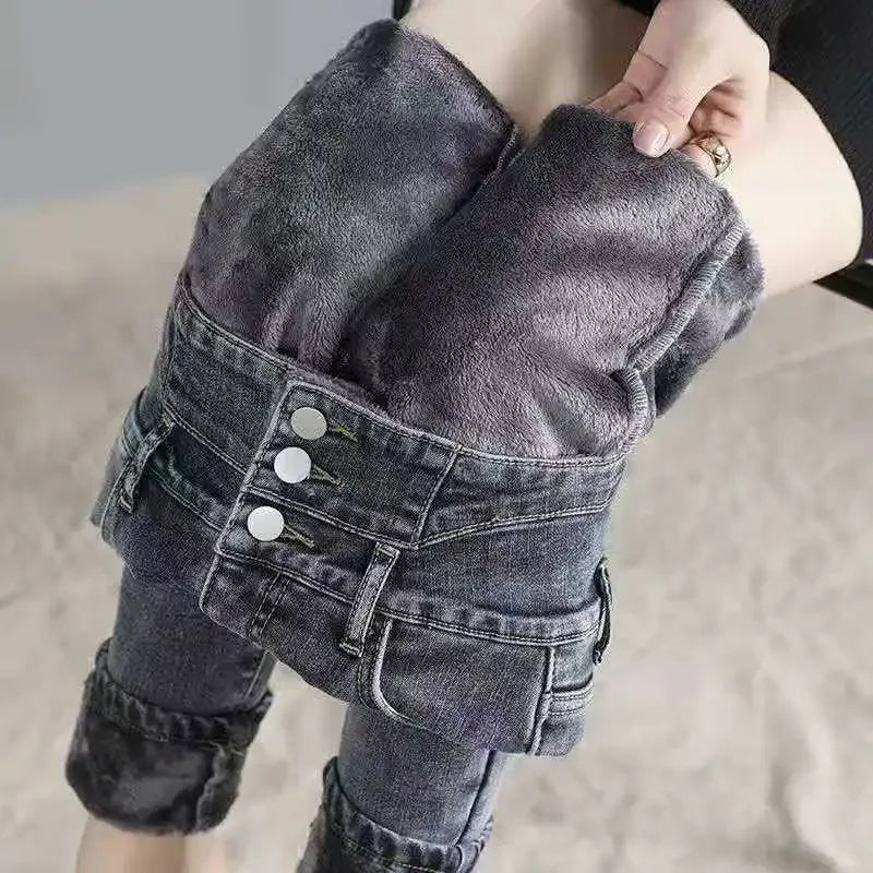 New Winter Thick Velvet Women High Waist Skinny Jeans Simple Fleece Warm Slim Fit Stretch Ladies Casual Denim Mom Pencil Pants