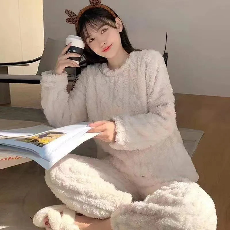 Thickened Warm Autumn and Winter Flannel Pajamas Women Long-Sleeved Loungewear