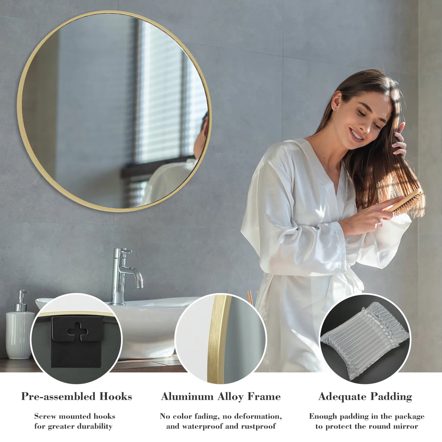Large Gold Round Vanity Framed Mirror for Wall  Metal Framed 30 Inch  Mirror Tempered Glass