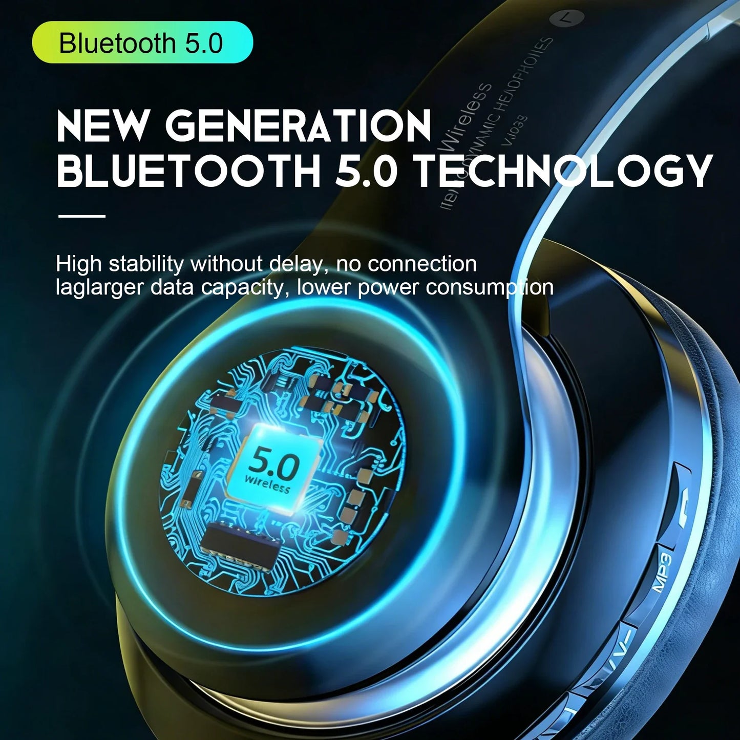 Wireless Bluetooth 5.0 HiFi Headphone With On-Ear Headset Stereo Sound Earphones Sports Office Game Foldable Low Latency