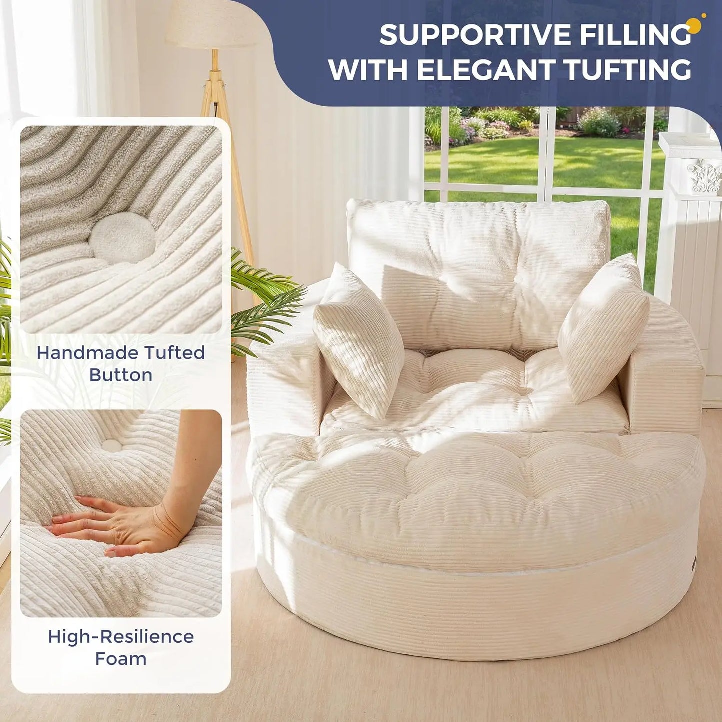 Oversized Round Chaise Lounge Sofa, Boneless Chair with Ottoman | Beige Upholstered Reading Chair Has a Deep Seat and 3, Custom