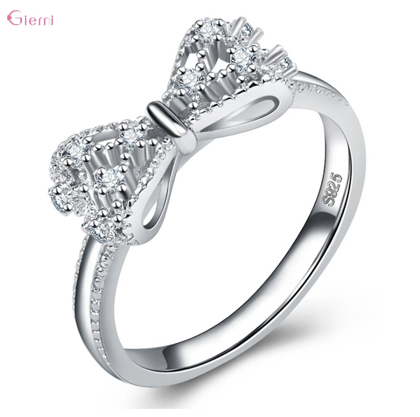 925 Sterling Silver Bowknot Bow Knot Cubic Zirconia Rhinestone Rings