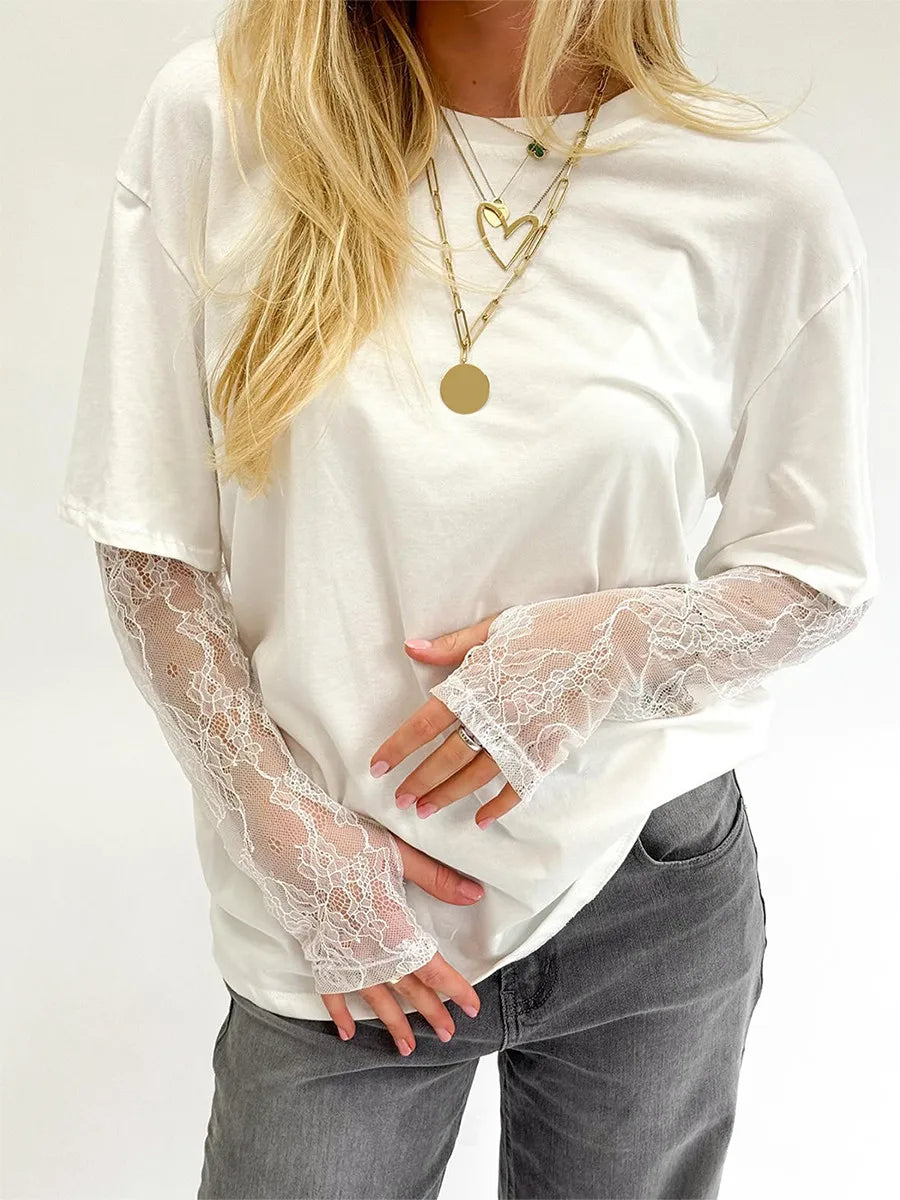 Women Round Neck T-Shirt Lace Long Sleeve Casual Shirts Spring Fall Loose Fit Tops Ladies Solid Color Tee for Streetwear Y2K 00s
