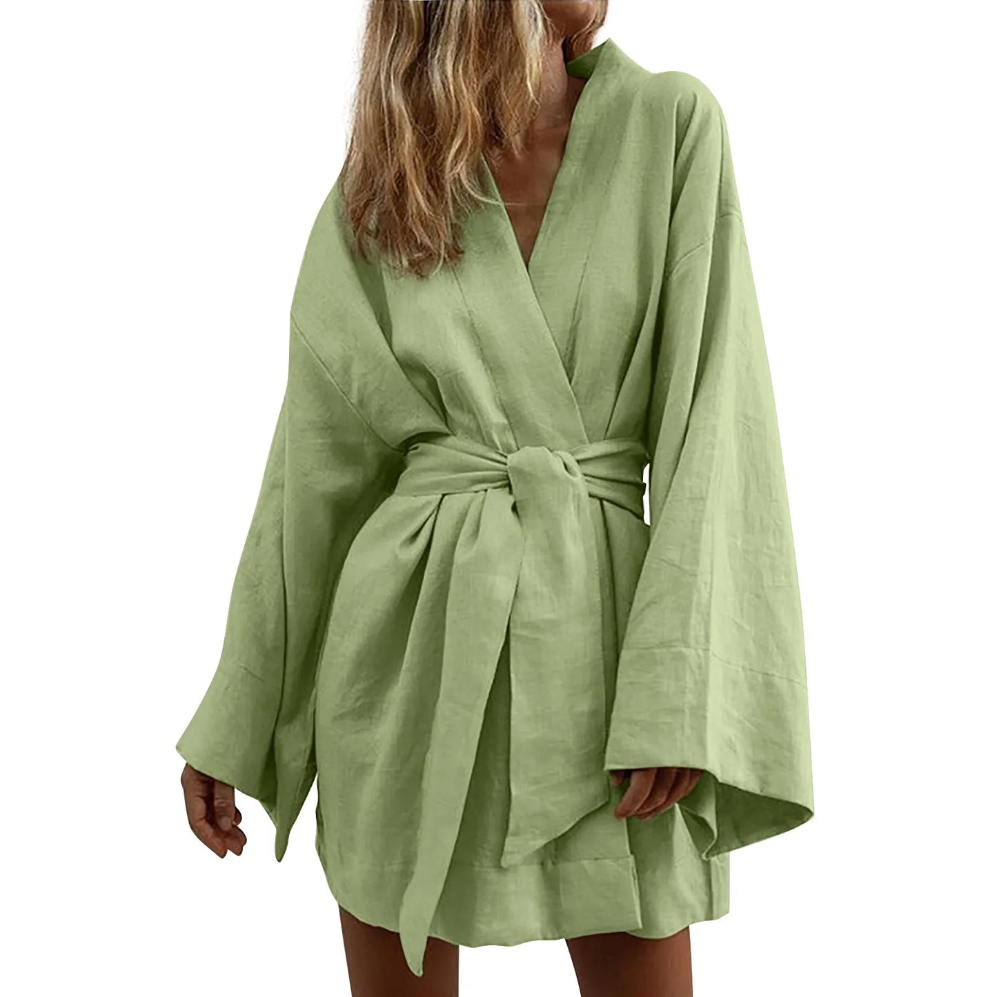 Women's Lace Up V-Neck Mini Dress 2025 New Cotton Linen Sashes Dresses Solid Long Sleeve Vestidos Loose Kimono Cardigan Dress