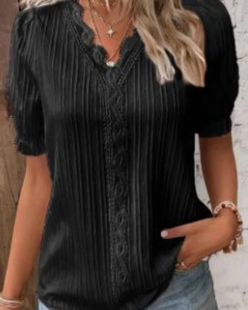 Plus Size Women's Shirt Blouse Yellow-green Violets White Plain Lace Short Sleeve Casual Basic V Neck Regular Pullover White Blo