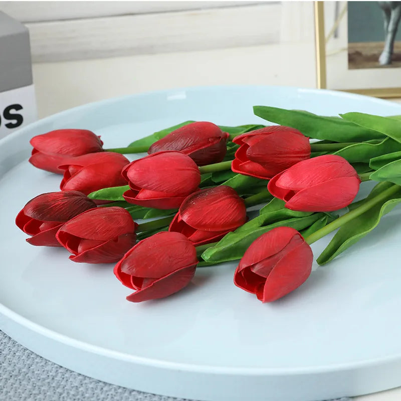 Free Shipping 31PCS/LOT PU Mini Tulip Artificial Flower Real Touch Wedding Floral Bouquet Christmas Home Party Decoration Gifts