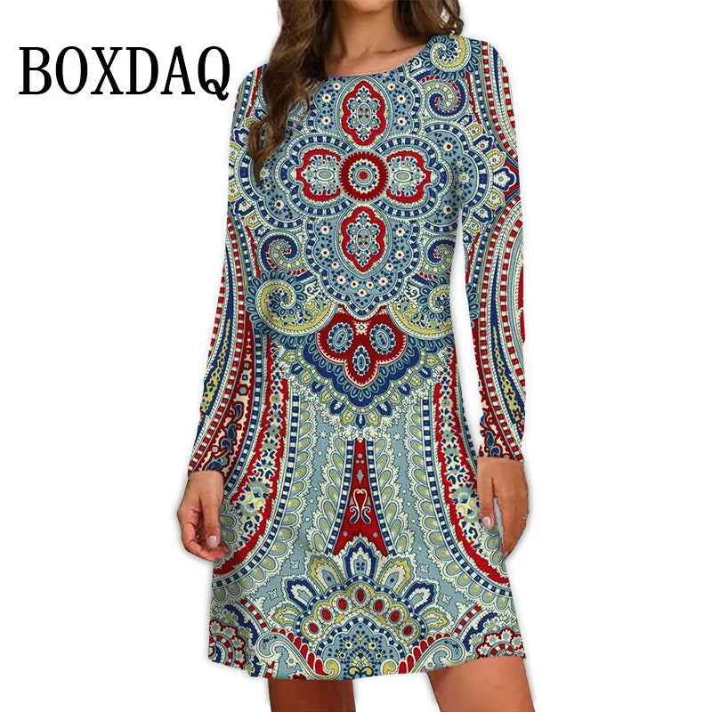 2024 Fall New Arrival Women's Dresses Ethnic Style Bohemian 3D Printing Dress Vintage Casual Loose Long-Sleeve Fashion Clothing