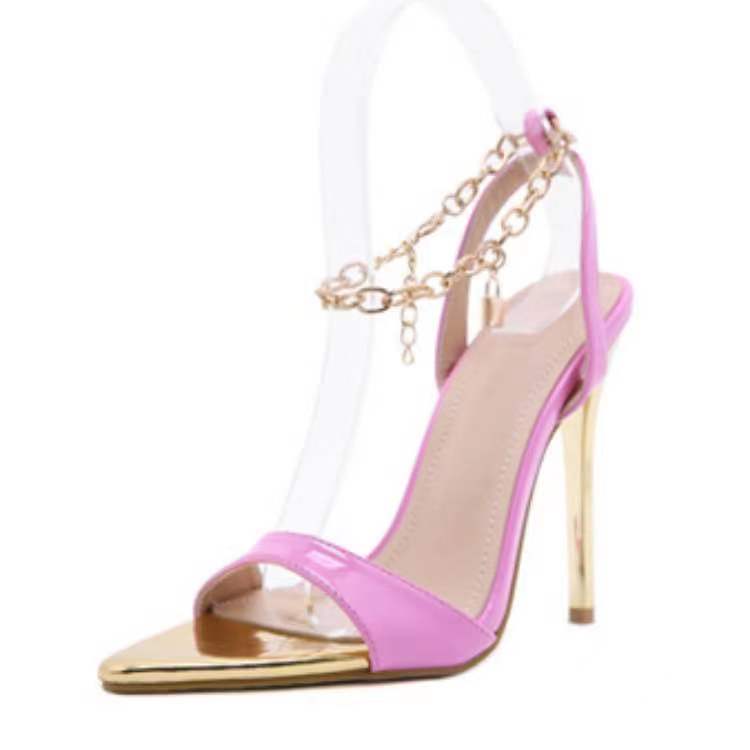 Sexy Pointed Toe Women's High Heels Retro Thin Design Metal Chain Banquet Mules 2022 Summer New Cross Tie Cozy Women's Stilettos