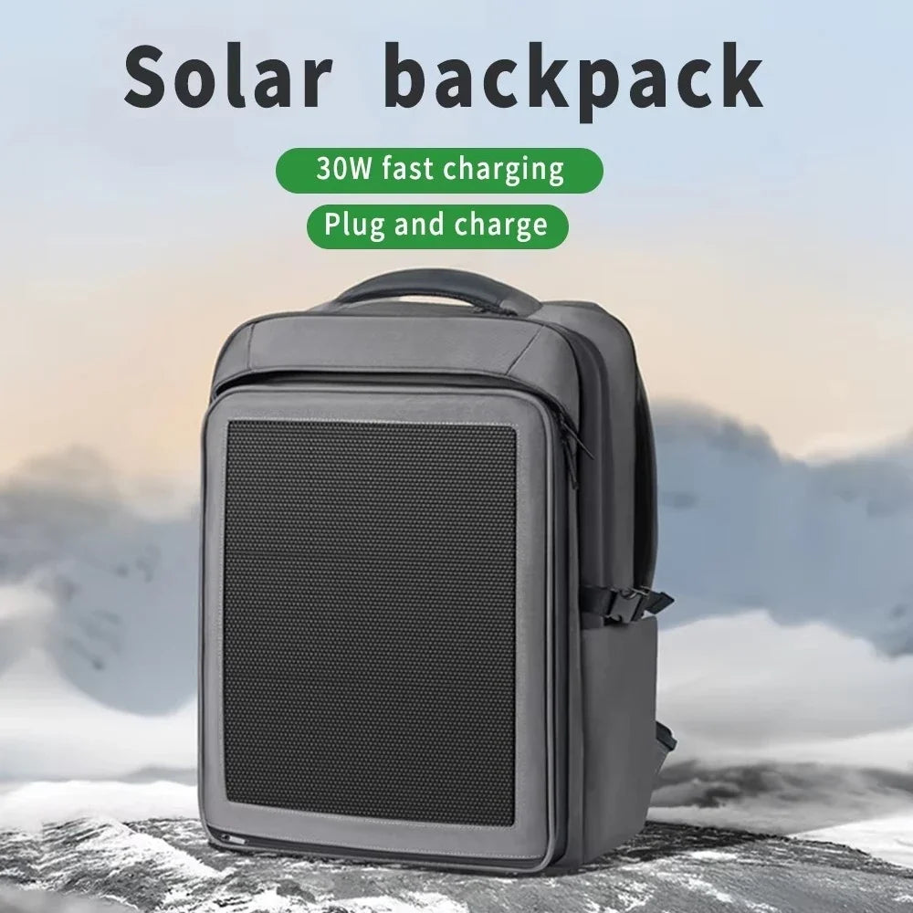 Custom waterproof solar backpack with 30W solar panel, capacity 20-35L, USB-A+C output, suitable for hiking, camping, traveling