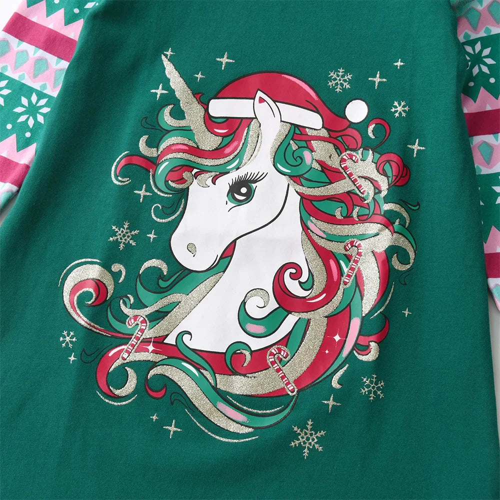DXTON Girls Unicorn Cartoon Print Kids Green Cotton Print
