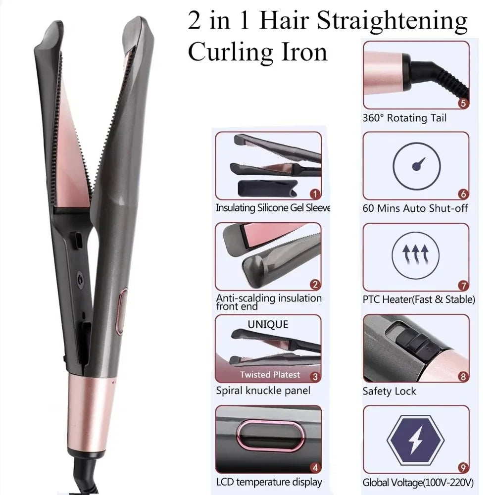 2026 New Hair Straightener Curler 2 in 1 Negative Ion Fast Heating Styling Iron Professional Flat Iron Curling Tool Home Travel