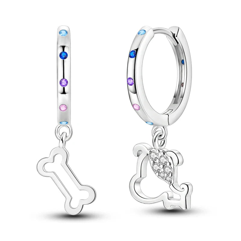 Lovely 925 Sterling Silver Colorful Double Layer Starry Moon&Cat and Dog Cute Pet&Pink and Purple Flower Earrings Girl Jewelry