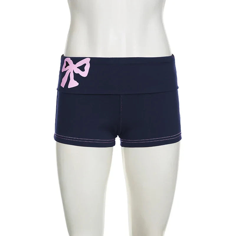 Low Waist Women Slim Short Pants Y2K Casual Bow Print Shorts Vintage Chic Aesthetic Elastic Waist Cute Bottoms
