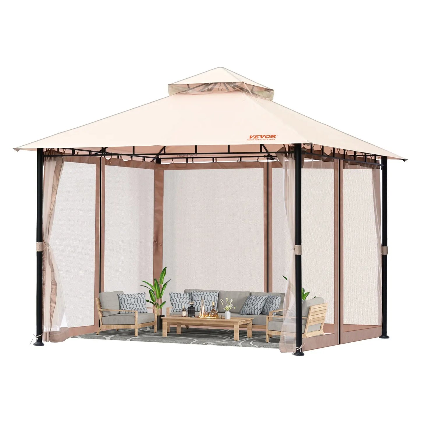 Patio Gazebo for 6-8 Person, 10 x 10 FT Backyard Gazebo, with Mosquito Netting, Metal Frame, and PU Coated 180G Polyester, Outdo