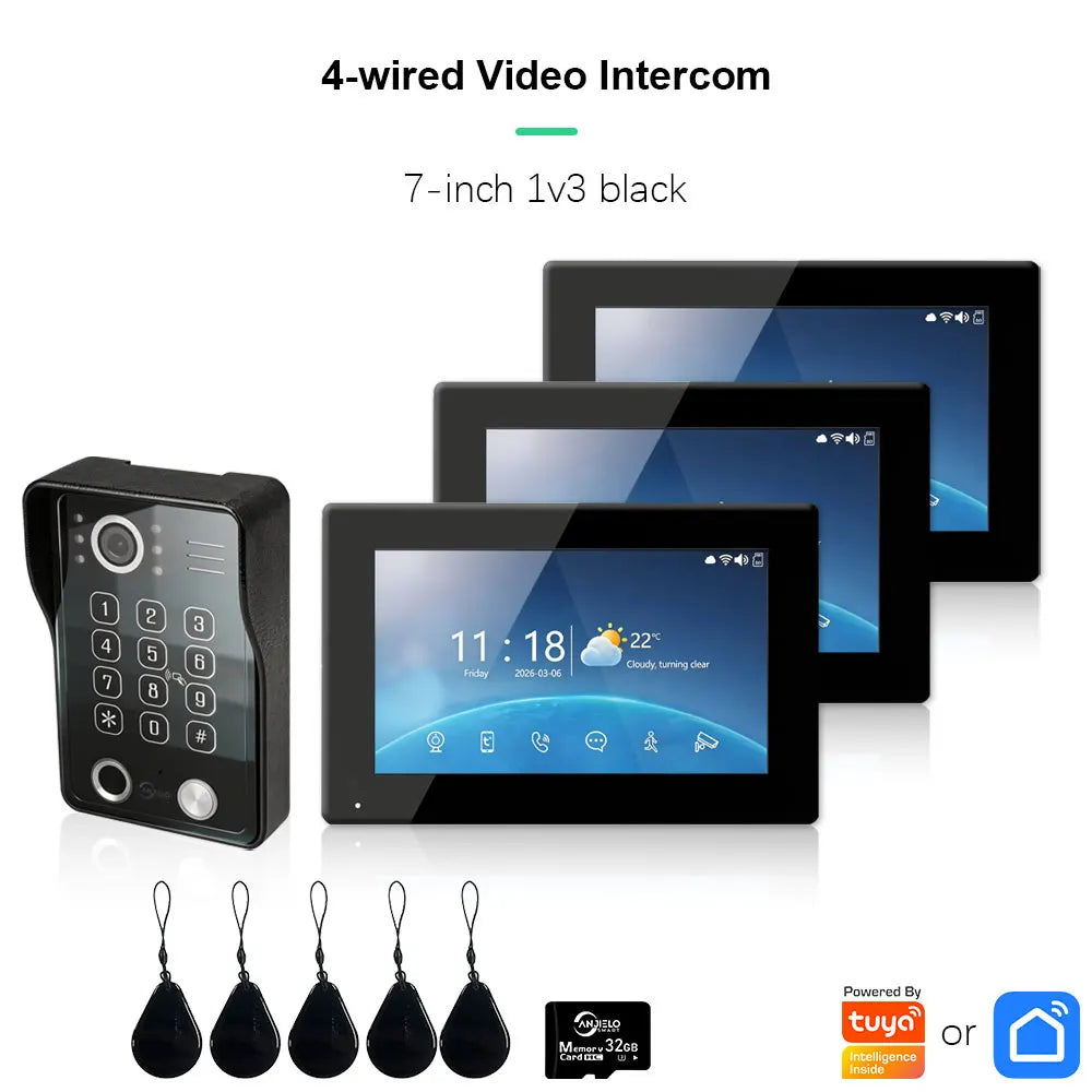 ANJIELO Fingerprint 5in1 Unlock Doorbell Video Intercom Touch Screen Video Doorphone 1080P Tuya Security Protection 3 Monitor