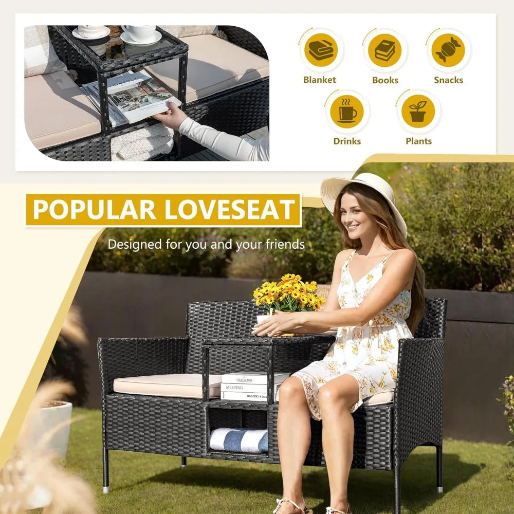 Outdoor Patio Loveseat Modern Rattan 2-Seat Patio Conversation Set with Cushions & Built-in Coffee Table