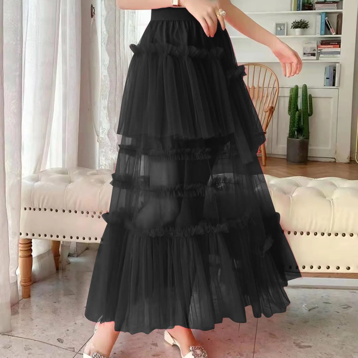 Skirts For Party 2024 Women's Long Summer Tulle Skirt Elegant High Waist Cocktail Party Wedding Flared Hem Dance Skirt for Girls