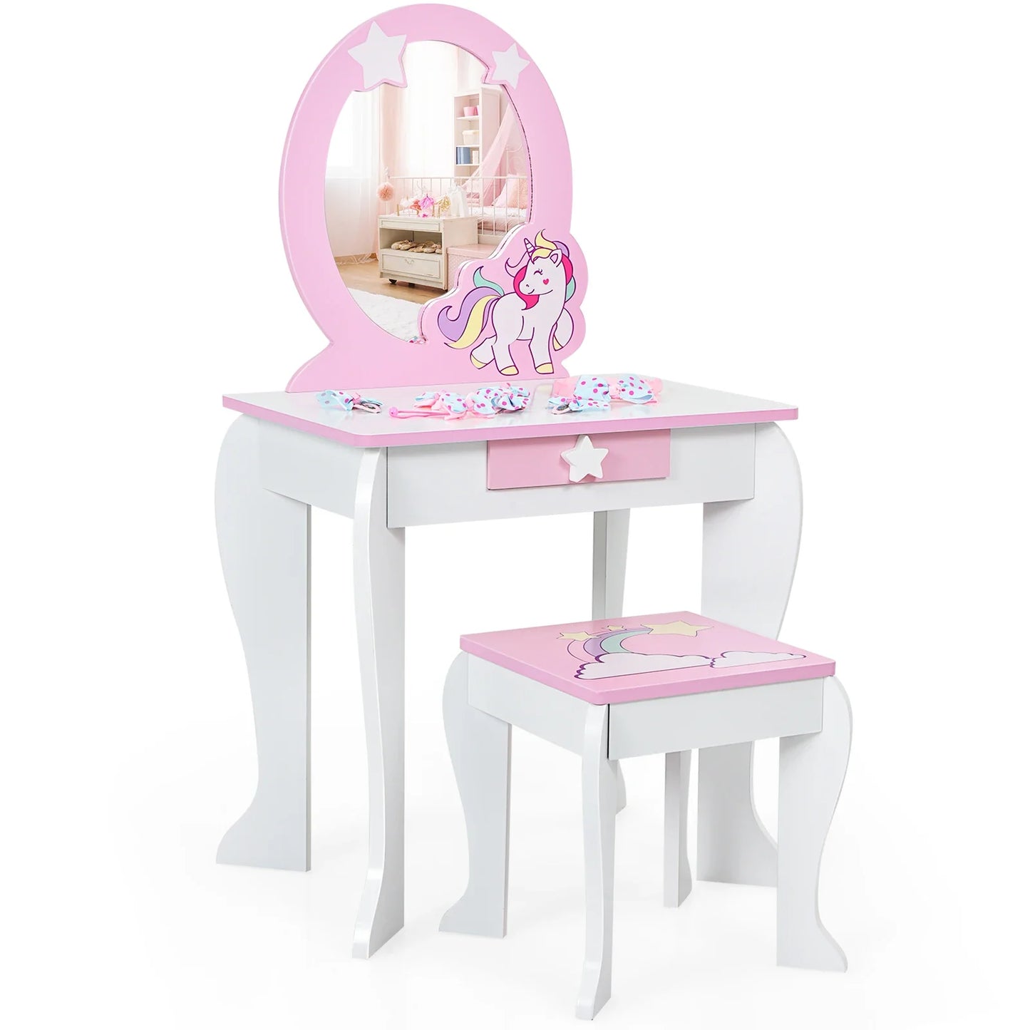 Kids Home Vanity Makeup Set Wooden W/ Mirror and Drawer