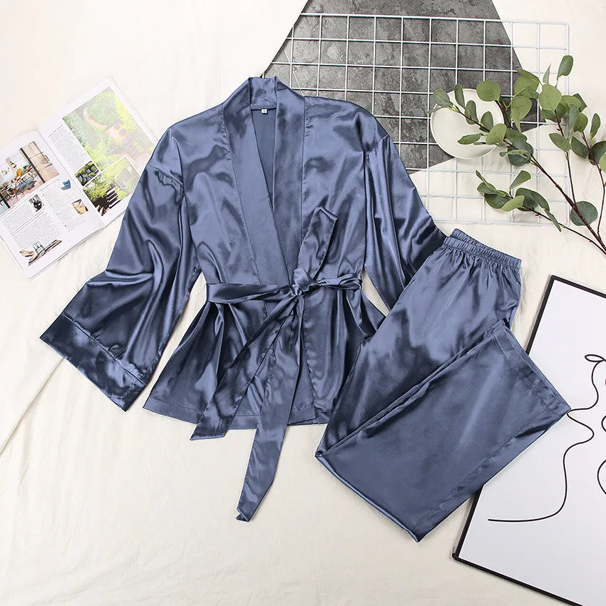 Women's 2024 Matching Sets Pajamas With Belt Satin Tow Pieces Suit Soft Loose Pyjamas Casual Solid Sleepwear Female Home Clothes