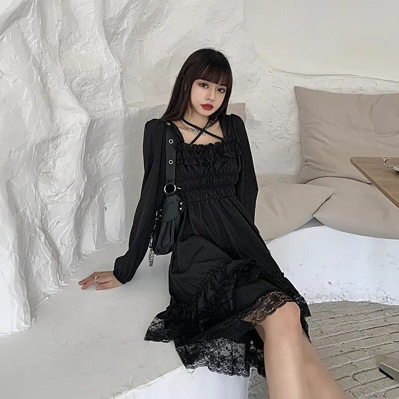 New Gothic Women Black Fairy Dress Cross Square Collar Lolita Princess Irregular Dress Cute Kawaii Lace Ruffles Chic Dress