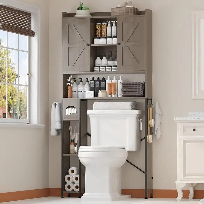 32"W Over The Toilet Storage Cabinet, with Metal Frame and 7 Storage Shelves.