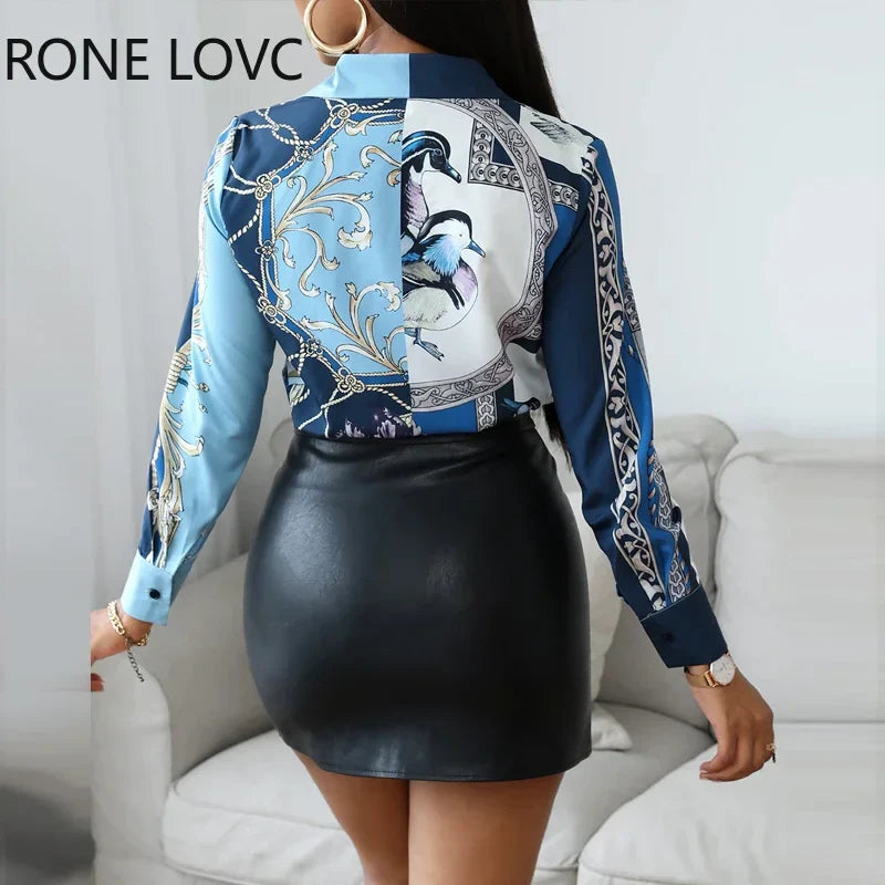 Women Bird Scarf Print Long Sleeve Shirt Blouse Spring Tops and Blouses
