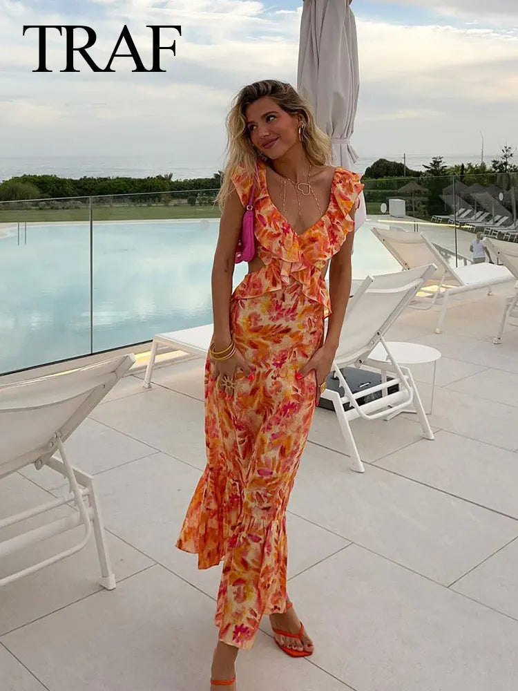 TRAF Summer Fashion Women Sexy V-neck Sleeveless Backless Orange Dress Ruffle Printed Hollow Out Women's Long Dresses For Beach