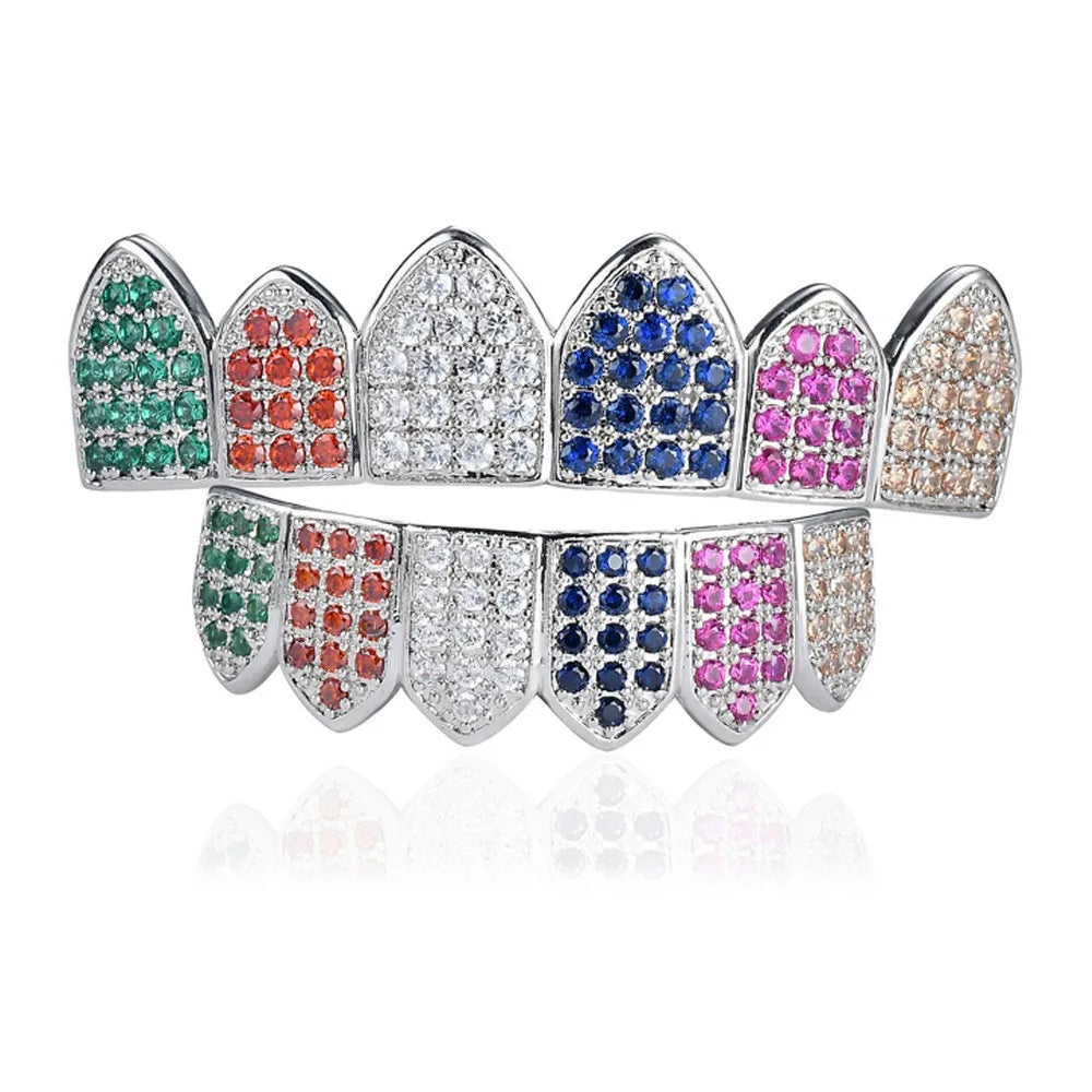 HipHop CZ Teeth Set For Unisex Top Bottom Mouth Gold Silver Color Teeth Tooth Cap Removable Dental Fashion Jewelry