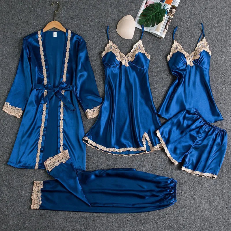 2024 New Style Pajamas Set with Bra Pads, Silk Sexy Strappy Golden Floral Five-Piece Pajamas Thin Homewear