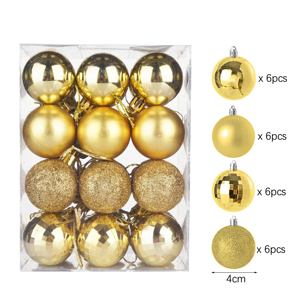 24Pcs Christmas Ball Pendent Decoration Xmas Tree Gold Glitter Hanging Ornament Ball Home Xmas Party Decor Navidad Gift Supplies