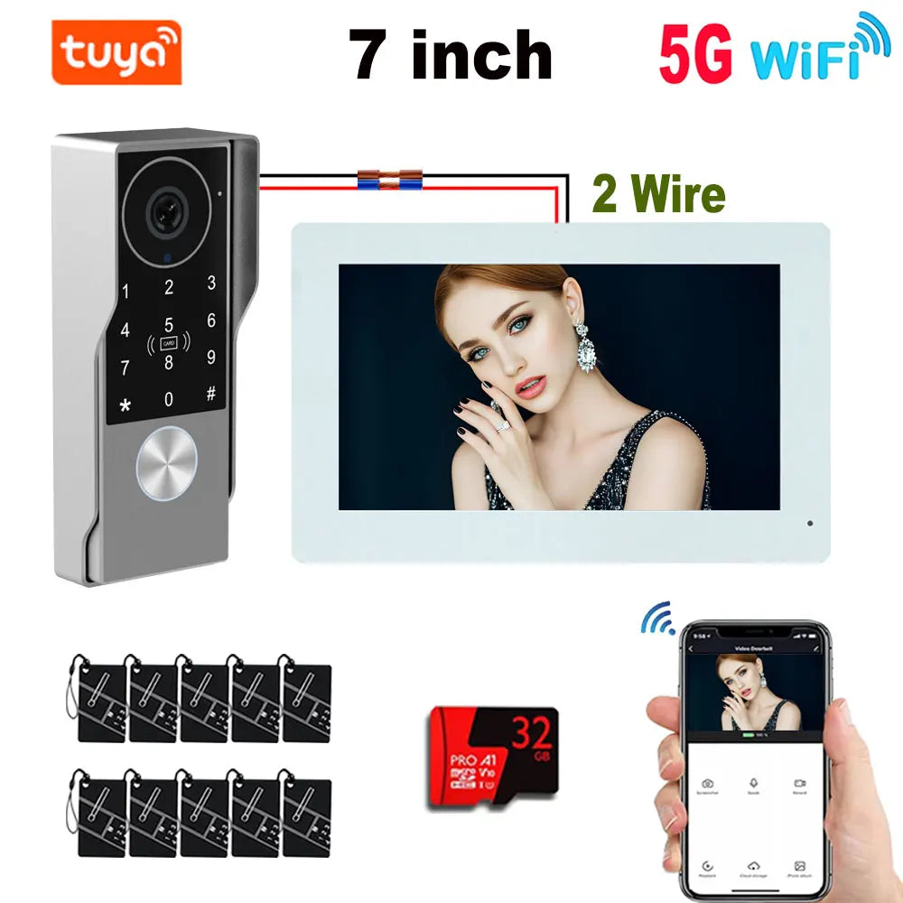 7/10inch Touch Screen 5G WiFi Video Doorbell 2-Wire TUYA Smart 1080P Camera Video Doorphone Intercom Password IC Card APP Unlock