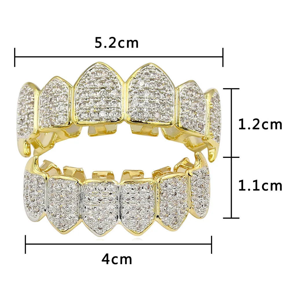 HipHop CZ Teeth Set For Unisex Top Bottom Mouth Gold Silver Color Teeth Tooth Cap Removable Dental Fashion Jewelry