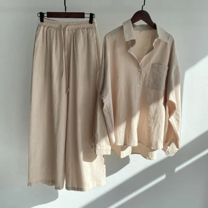 Spring Summer Women's Two Piece Casual Long Sleeve Shirt Women's Suit Fashion Button Casual Female Wide Leg Pants 2 Piece Sets