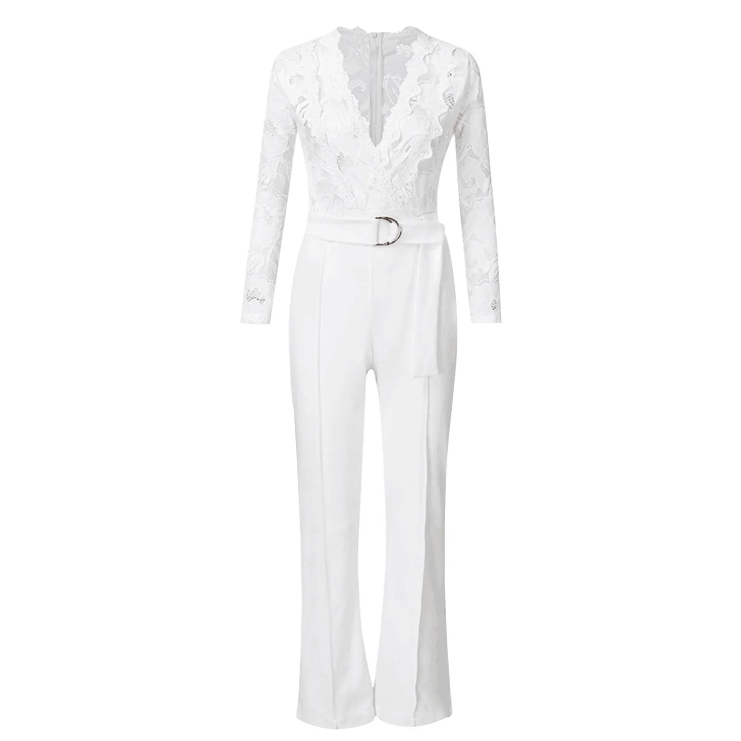 Sexy Lace V Neck Belted Jumpsuit Spring Summer Women'S Rompers Elegant Lady Wide Leg Overalls Fashion Casual White Playsuit 2024