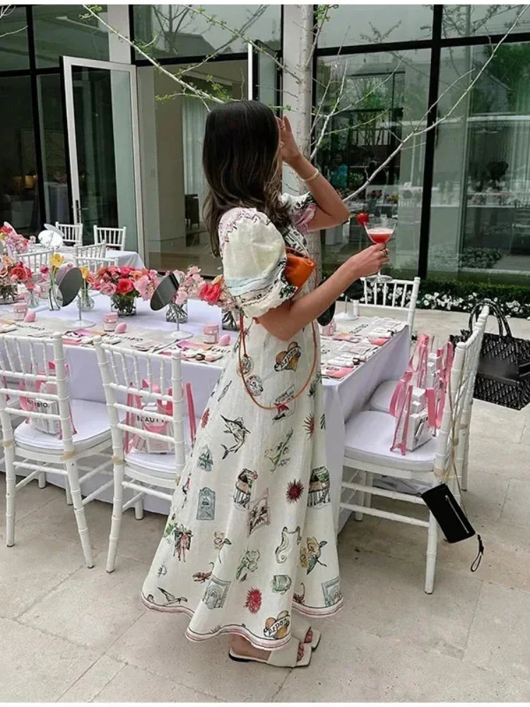 Bohemia Beach Print A-line White Summer Dress Women Casual O-neck Puff Sleeve Midi Dress Holiday Women Outfits Chic Party Dress