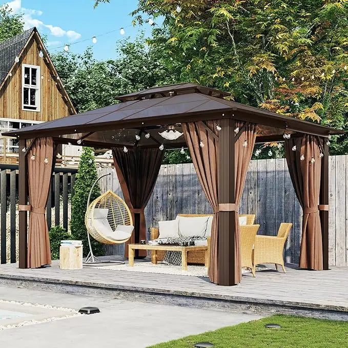 10'x12' Hardtop Gazebo, Aluminum Frame Permanent Pavilion with Curtains, Outdoor Polycarbonate Gazebo, Double Roof Canopy