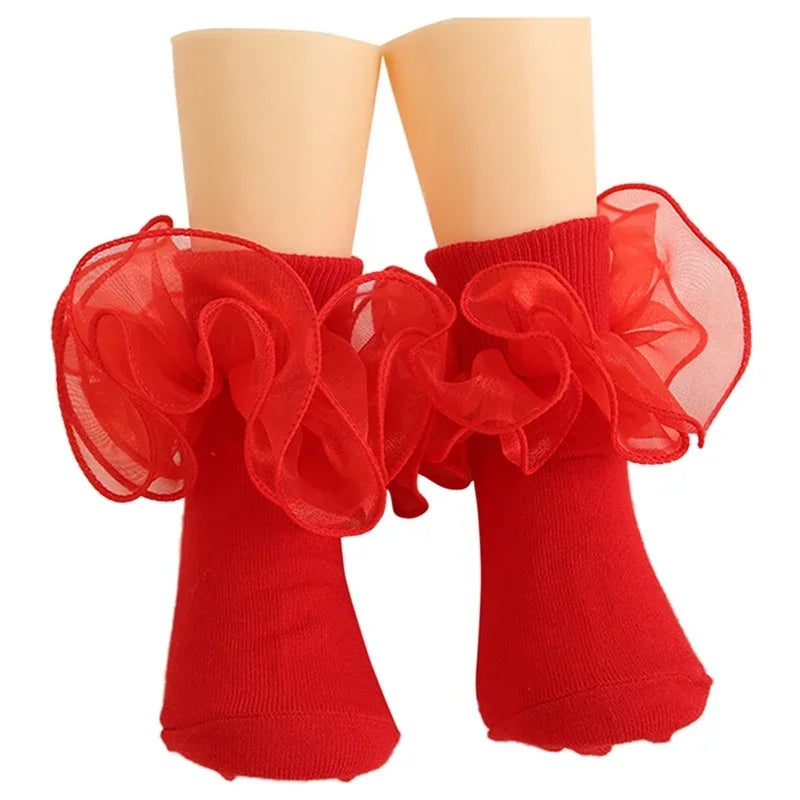 1 Pair Girls' Puffy Lace Socks Children's Combed Cotton Lace Socks