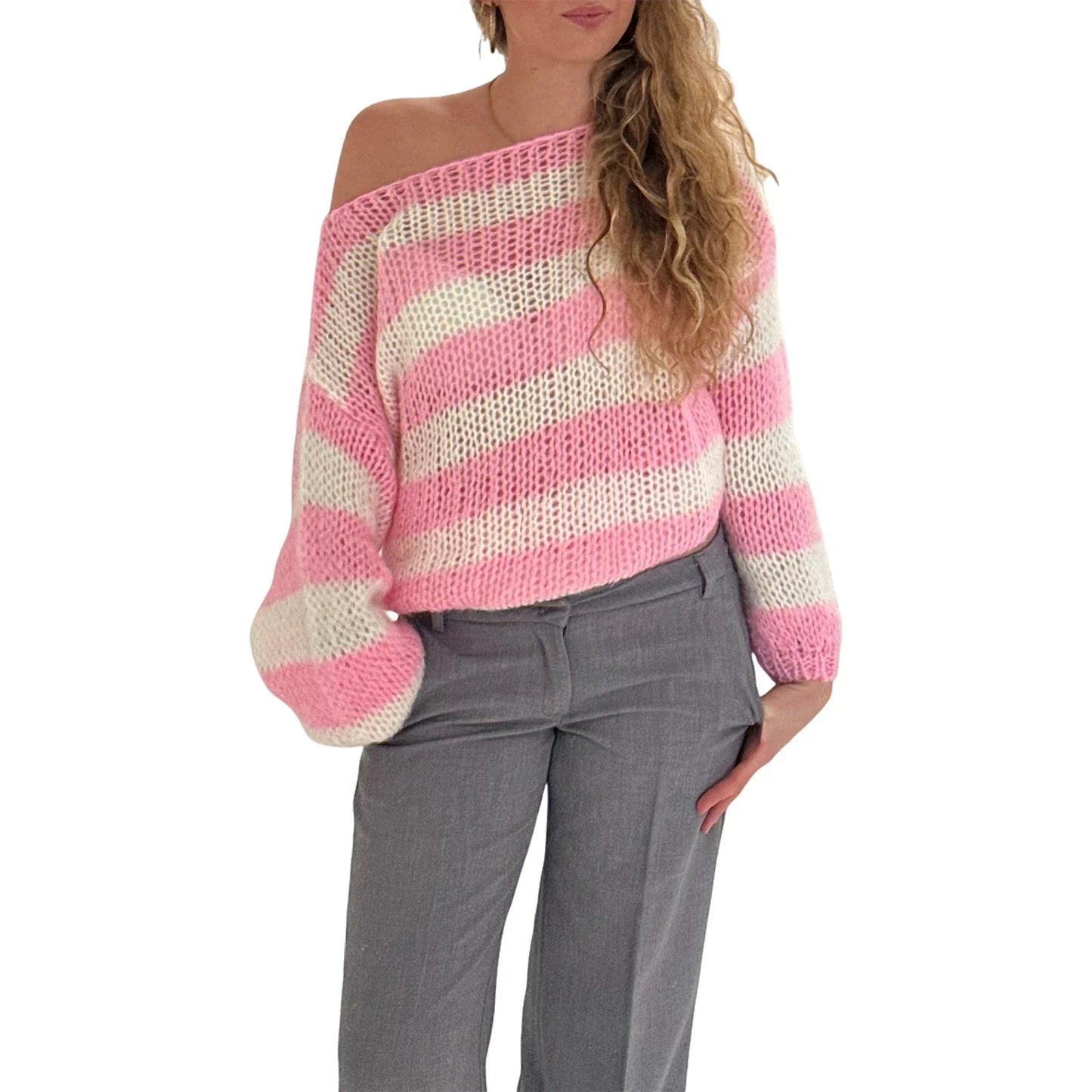 Women s Striped Sweater Vintage Loose Boat Neck Long Sleeve Pullover Tops for Fall Winter