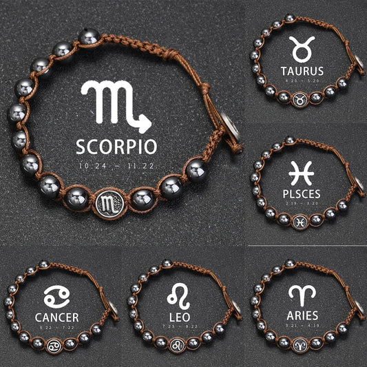 12 Constellation Bracelet Stainless Steel Accessories Handmade Bracelet 8mm Hematite Beads Men's and Women's Bracelet Jewelry