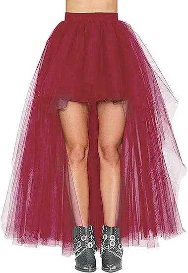 MisShow Gothic Women Hi-Lo Long Tulle Tutu Punk Skirt Elastic Waist High Low Mesh Net Halloween Cosplay Costume Maxi Skirts