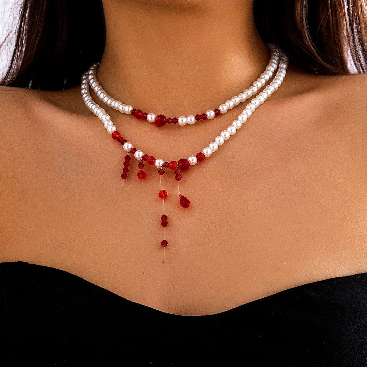 Goth Vintage Red Blood Pattern Imitation Pearl Chain Necklace for Women Wed Bridal Long Tassel Beads Pendant Halloween Jewelry