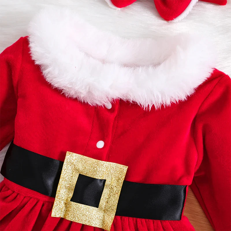 1-6years Kids Girl Christmas Dress Long Sleeve Furry Patchwork Dress With Bowknot Cosplay Xmas Dress For Girls
