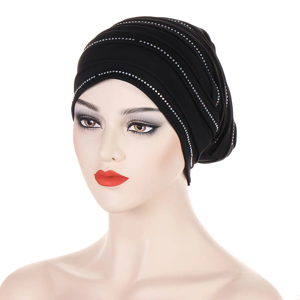 2024 New Rhinestones Women's Pleated Turban Cap Candy Color African Hat Nigeria Geles Muslim Headscarf Bonnet Ladies Head Wraps
